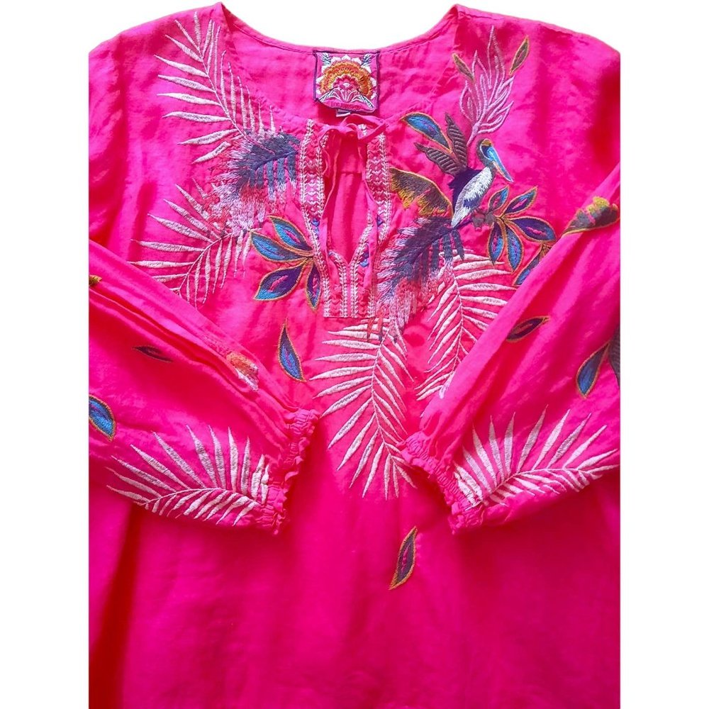 Johnny Was XL 100% Linen Hot Pink Tropical Print Embroidered Peasant Top (D125)